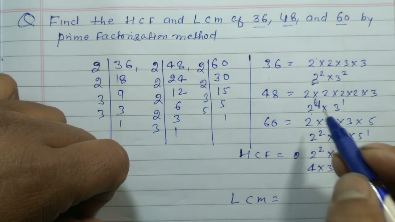 Find the L.C.M and H.C.F of 36, 48, and 60 by prime factorisation method