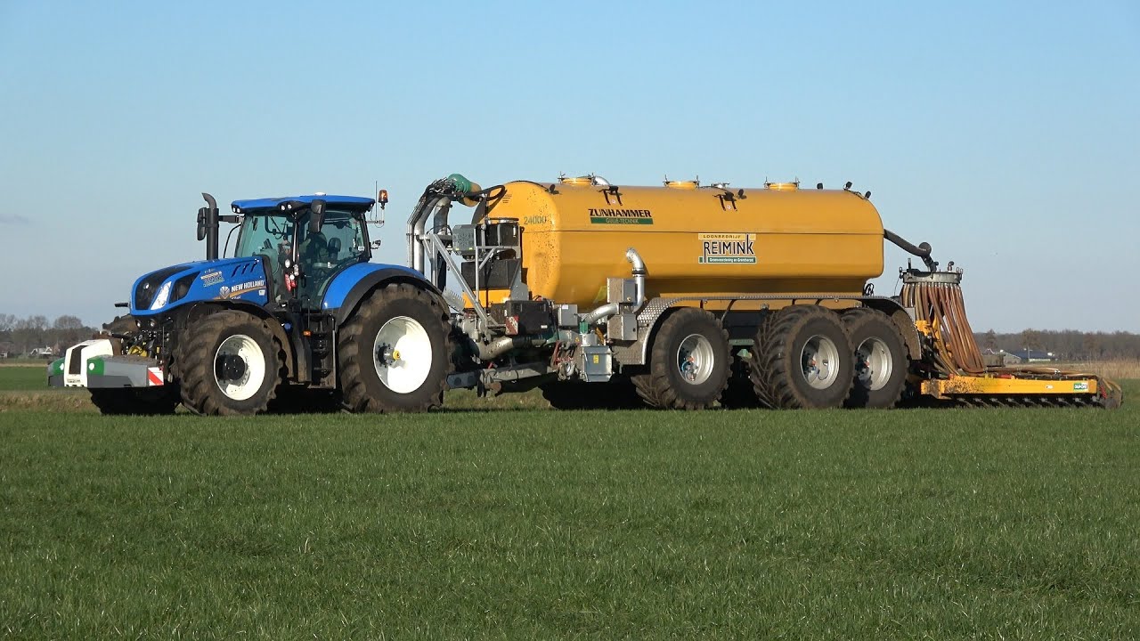 Loonbedrijf Reimink met een New Holland T7.290 + nieuwe Zunhammer mesttank en Duport bemester (2023)