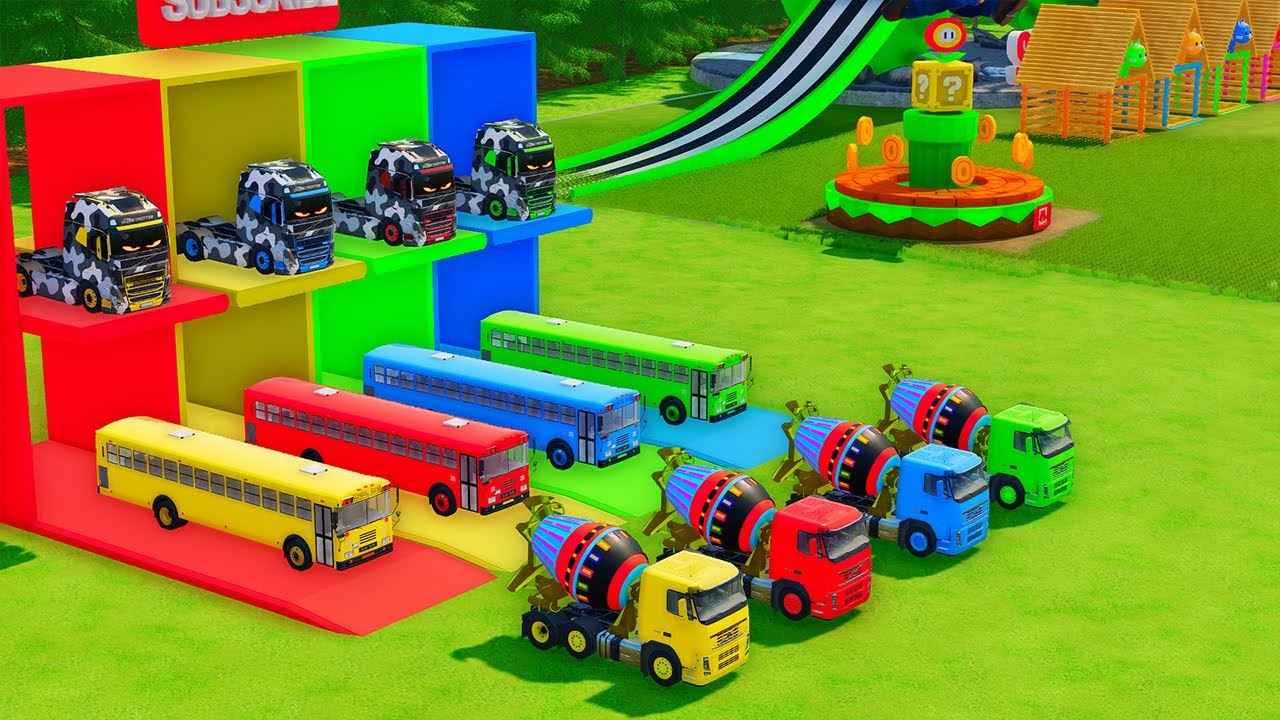 Garage with Colors - ALL MIXER TRUCK WITH DOUBLE FLATBED TRAILER TRUCK, TESLA, MAN, CATERPILLAR FS22