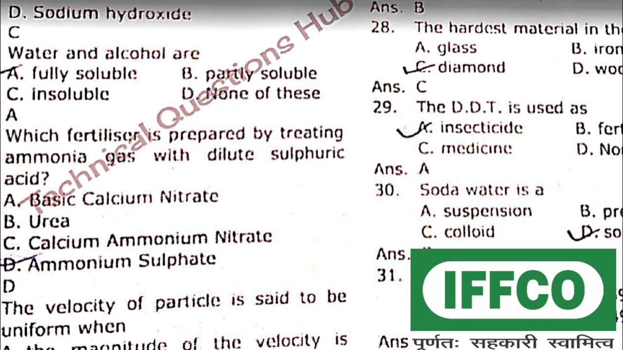 IFFCO Apprenticeship Memory Based Questions ( Tech and None Tech) For Chemical Diploma