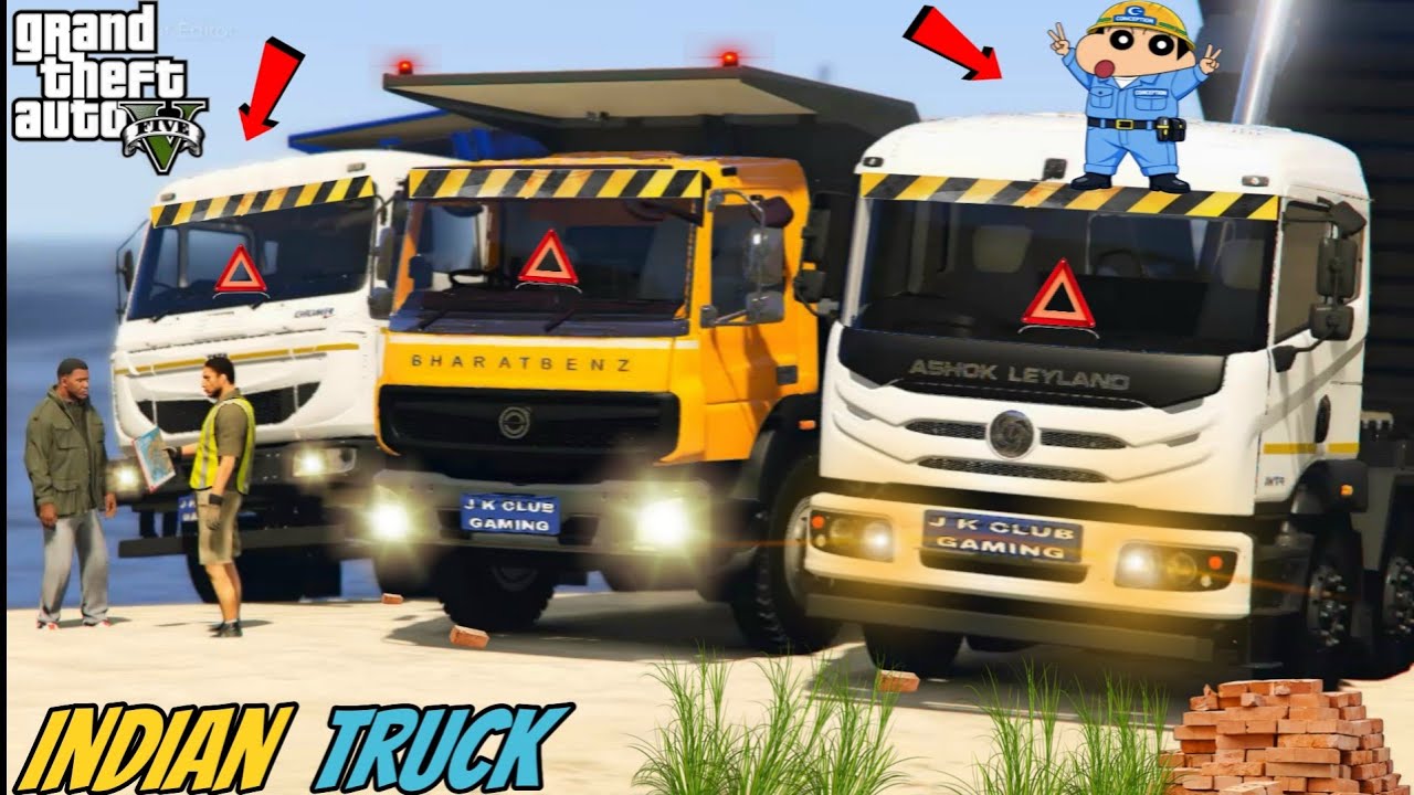 GTA 5 : FRANKLIN AND SHINCHAN DRIVING INDIAN TRUCK BHARAT BENZ TRUCK FOR TRANSPORT BUSINESS IN GTA 5