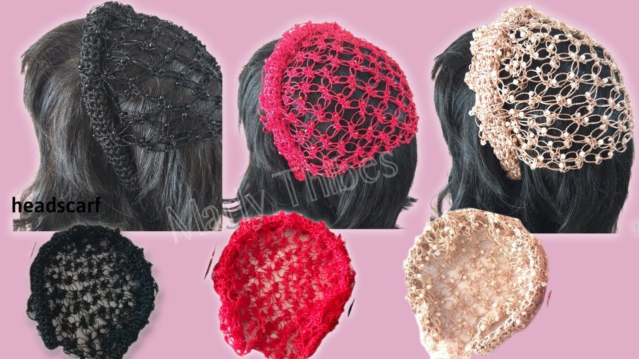 Lenço Bandana em crochê com pedras  e perolas na tiara, acessorio de luxo, tutorial @marlythibes
