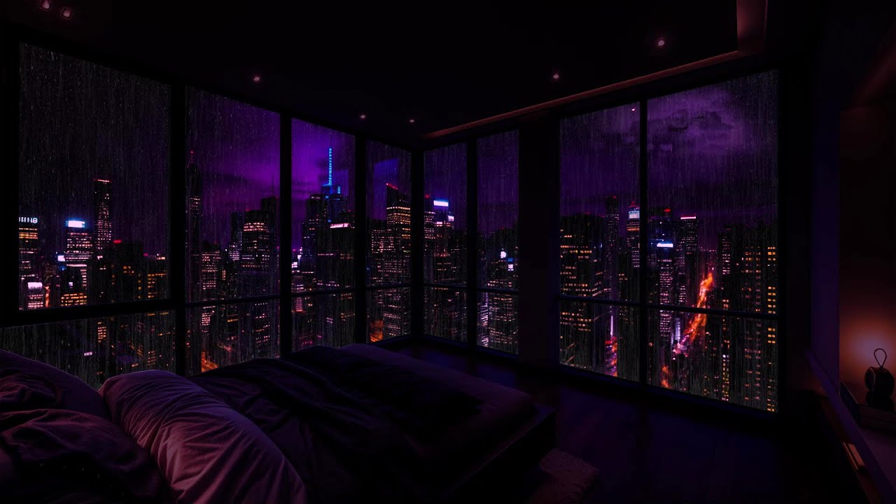 Neon City Thunderstorm at Midnight 🌩️ Rain Window Sounds for Relaxing Sleep & Calm Focus