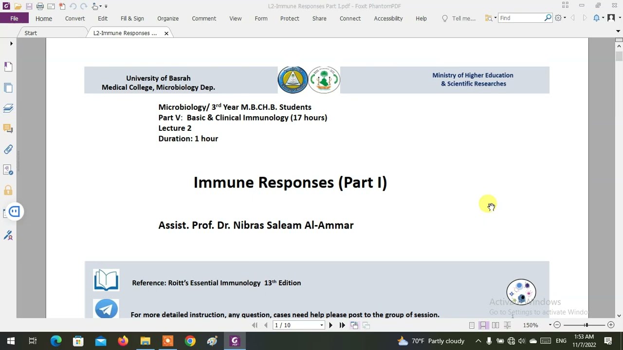 University of Basra - College of Medicine - 3rd stage - Micro - Immune system part 1