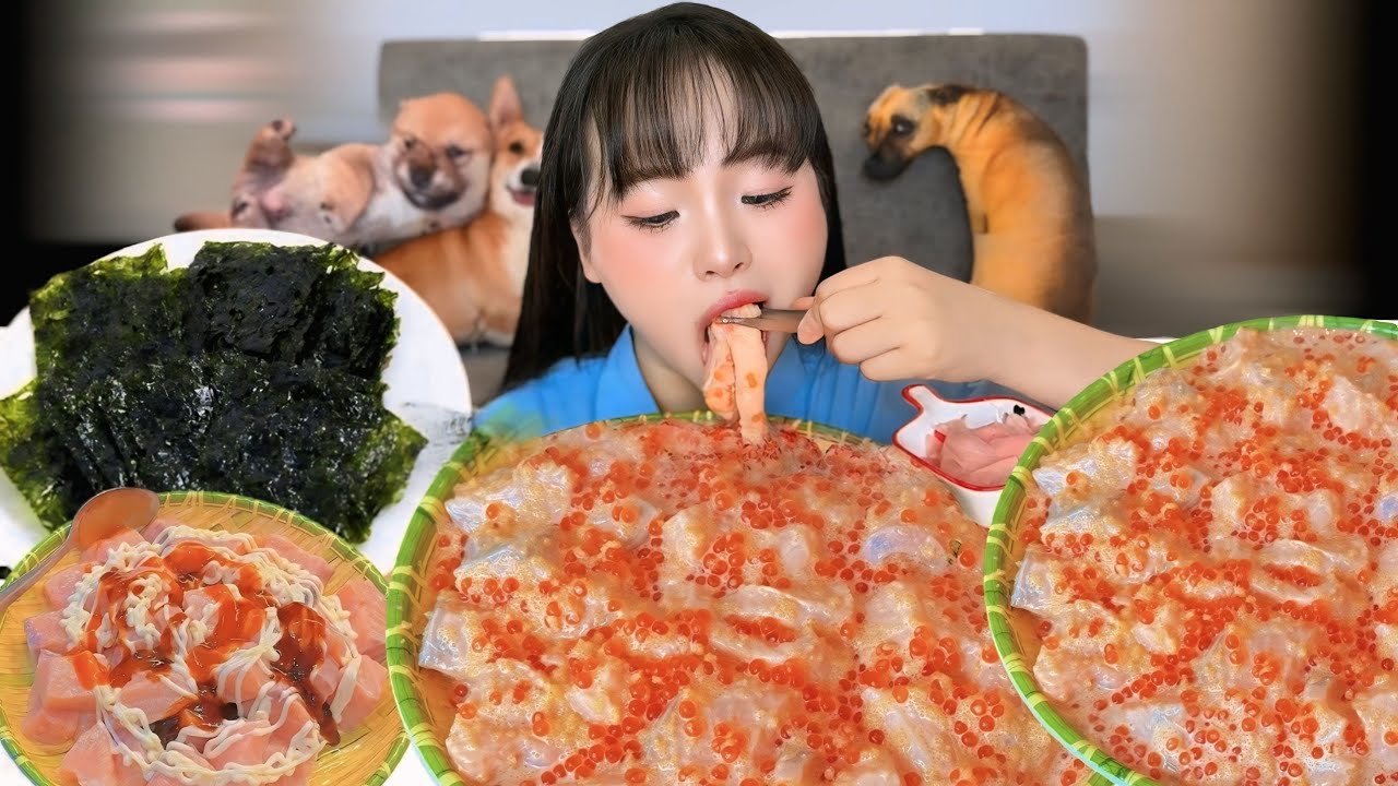 Mukbang Cá Hồi Sốt Mayo Cay Cùng Trứng Cá Chuồn & Trứng Cá Hồi Béo Ngậy| Spicy Mayo Salmon Mukbang