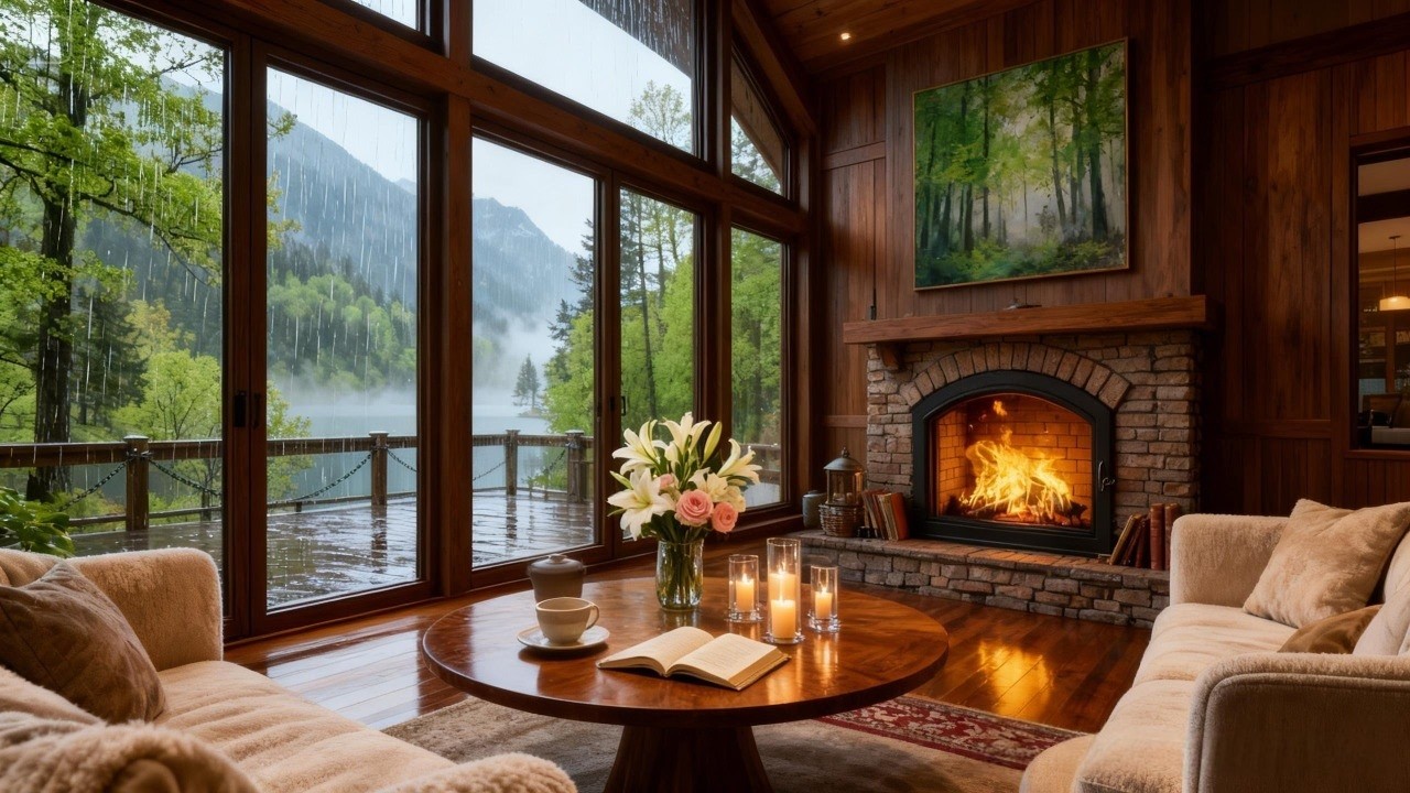 Spring Rain Jazz by the Lake Fireplace 🌧️🔥 Cozy Cabin Ambience, Crackling Fire & Relaxing Music