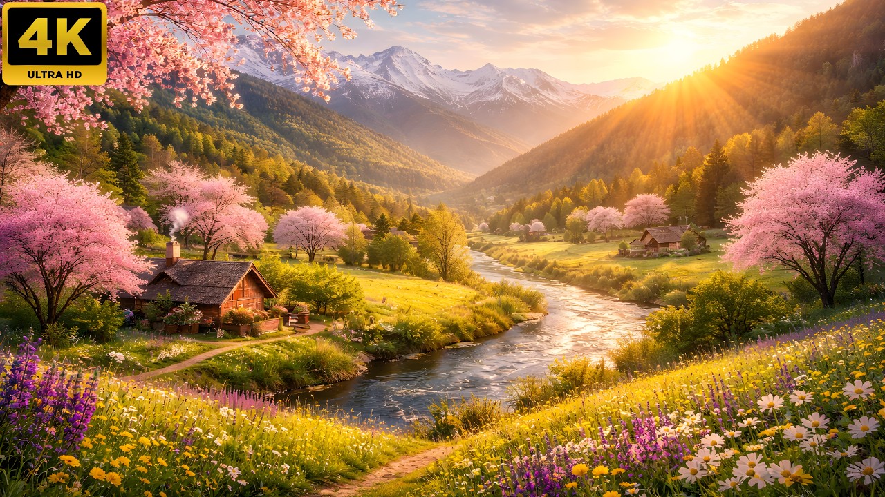 4K TV Painting | Springtime Serenity in Golden Valley || 10 Hours || No Sound 
