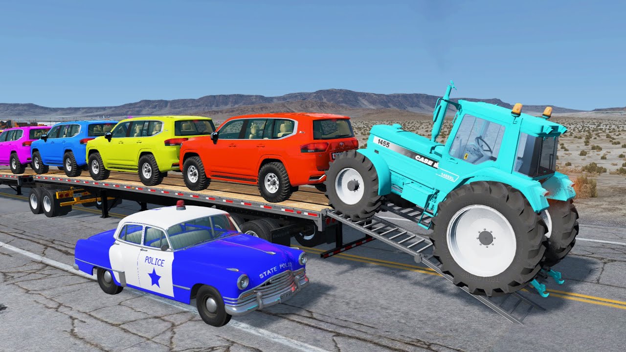 TRANSPORTING PIXAR CARS & FRUITS WITH COLORED & JOHN DEERE vs CLAAS vs TRACTORS - BeamNG.drive #962