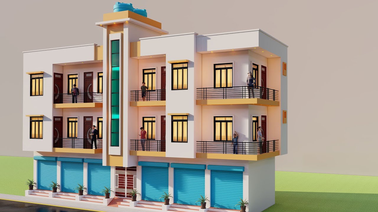 निचे दुकान ऊपर किराये के लिए मकान का नक्शा,3D 15x60 Shop With 4 Flats Rental House Elevation