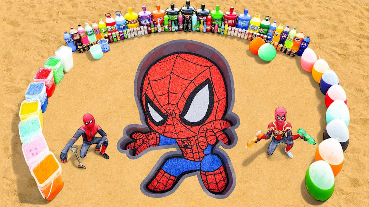 How to make Spiderman hole with Fanta, Balloon Sodas, Mtn Dew, Pepsi and Orbeez, Coca Cola vs Mentos