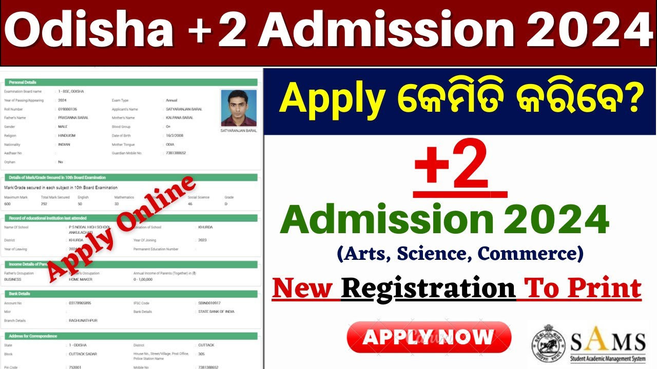 Plus 2 Admission 2024 Online Apply/How to Apply Plus Two Admission 2024 Odisha/SAMS Odisha +2 Apply