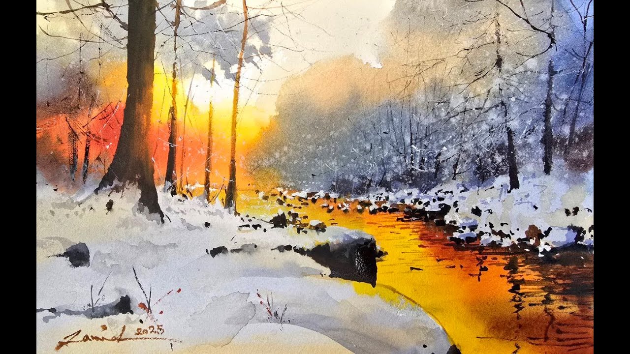 Winter Sunrise Watercolor Tutorial &ndash; Glowing Light & Snowy Forest