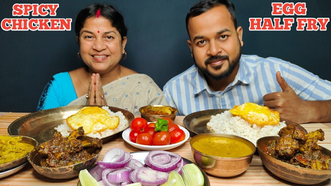 SPICY CHICKEN GRAVY,EGG HALF FRY,FISH WITH KUMURA,SAJINA CURRY,KING CHILLI,SALAD WITH RICE MUKBANG