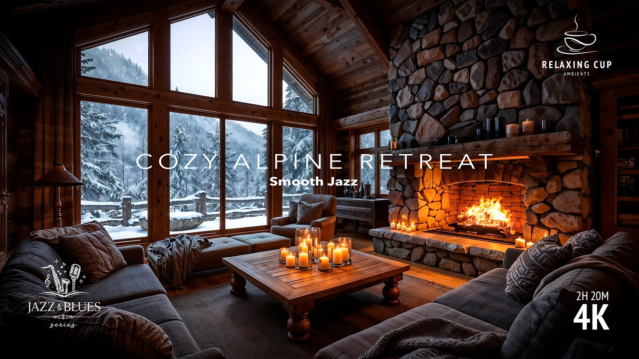 Snowy Winter Cabin - Smooth Jazz by the Fireplace (4K Ambience)