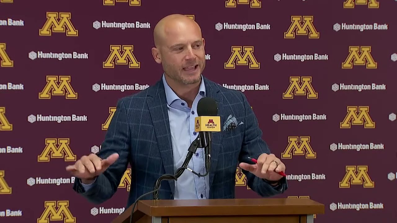 Gophers Coach PJ Fleck speaking to the media after Saturday's win, ranking in top 25
