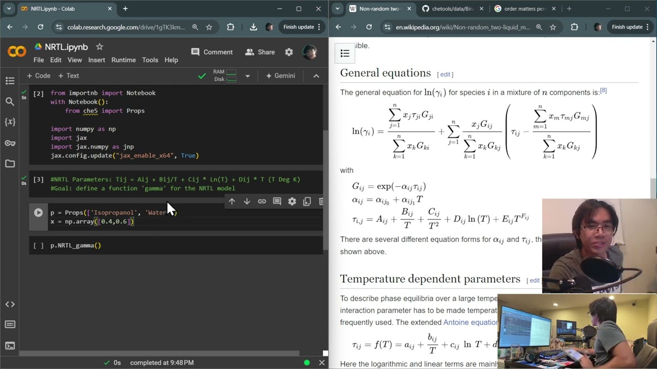 Modeling NRTL Activity Coefficient Model in Python (Matrices and Broadcasting)