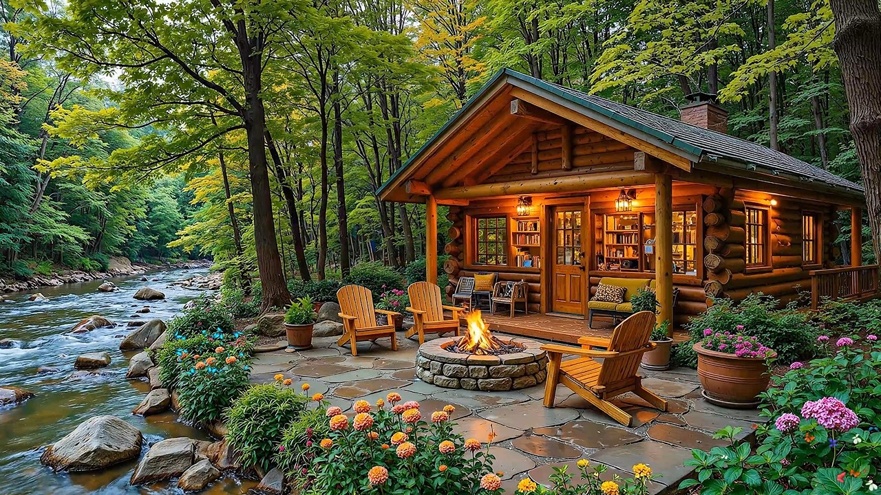 Soothing Piano Music Riverside Porch in Woods 🌺🔥 Crackling Fire Pit & Birdsounds to Study, Work