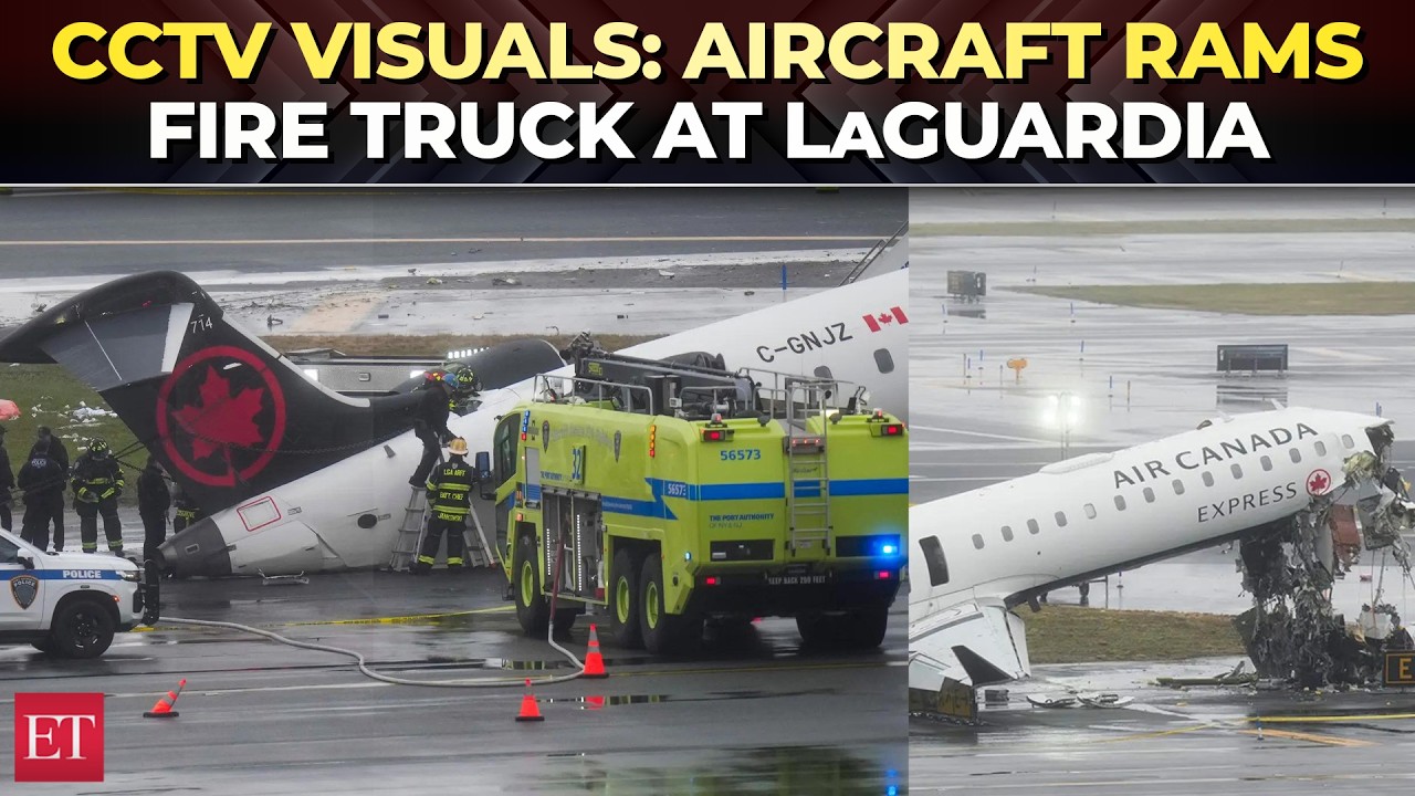 LaGuardia airport crash: CCTV footage shows Air Canada Express jet colliding with fire truck