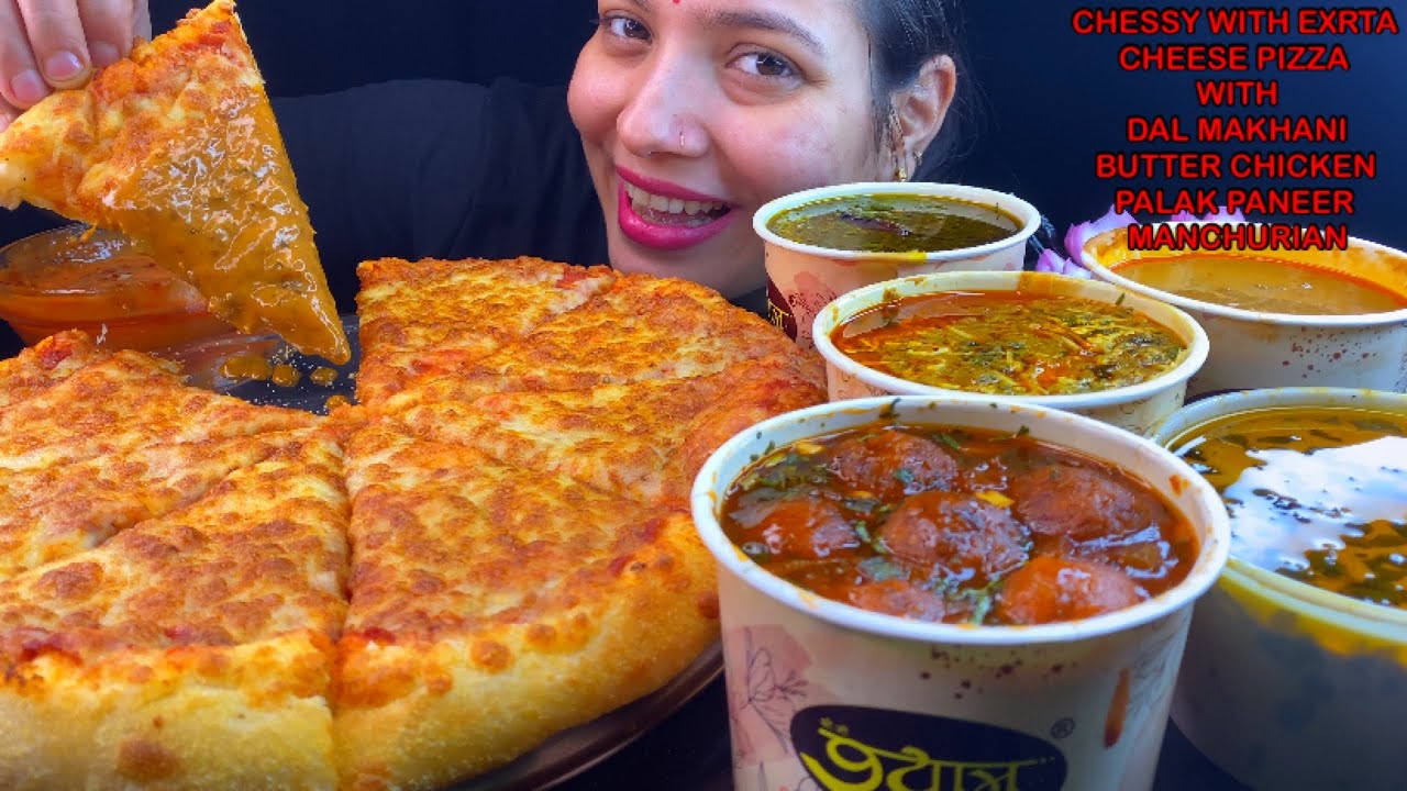 Eating Spicy🔥 Cheesy Margherita Pizza, Dal Makhani, Butter Chicken, Manchurian, Palak Paneer Foodie