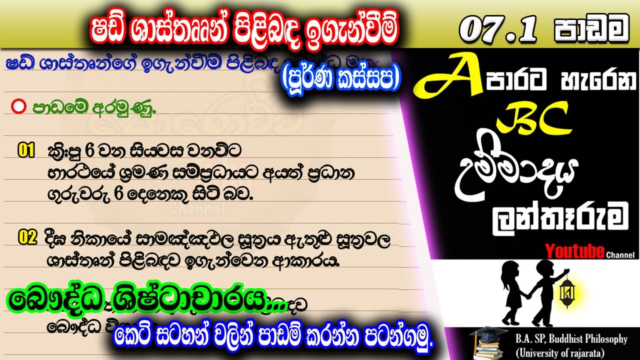 7.1 වන පාඩම (12 වසර) ෂඩ් ශාස්තෘන් පිළිබද ඉගැන්වීම් - shad shasthrun pilibada igenvim