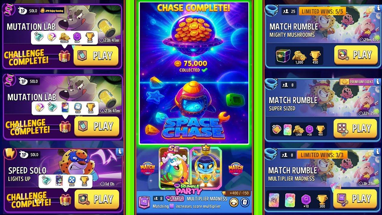 SPACE CHASE 🚀75,000 Coins/(PARTY+3 SOLO+3 RUMBLE)Mutation Lab 300&200 DNA/Lights Up/Mighty Mushrooms