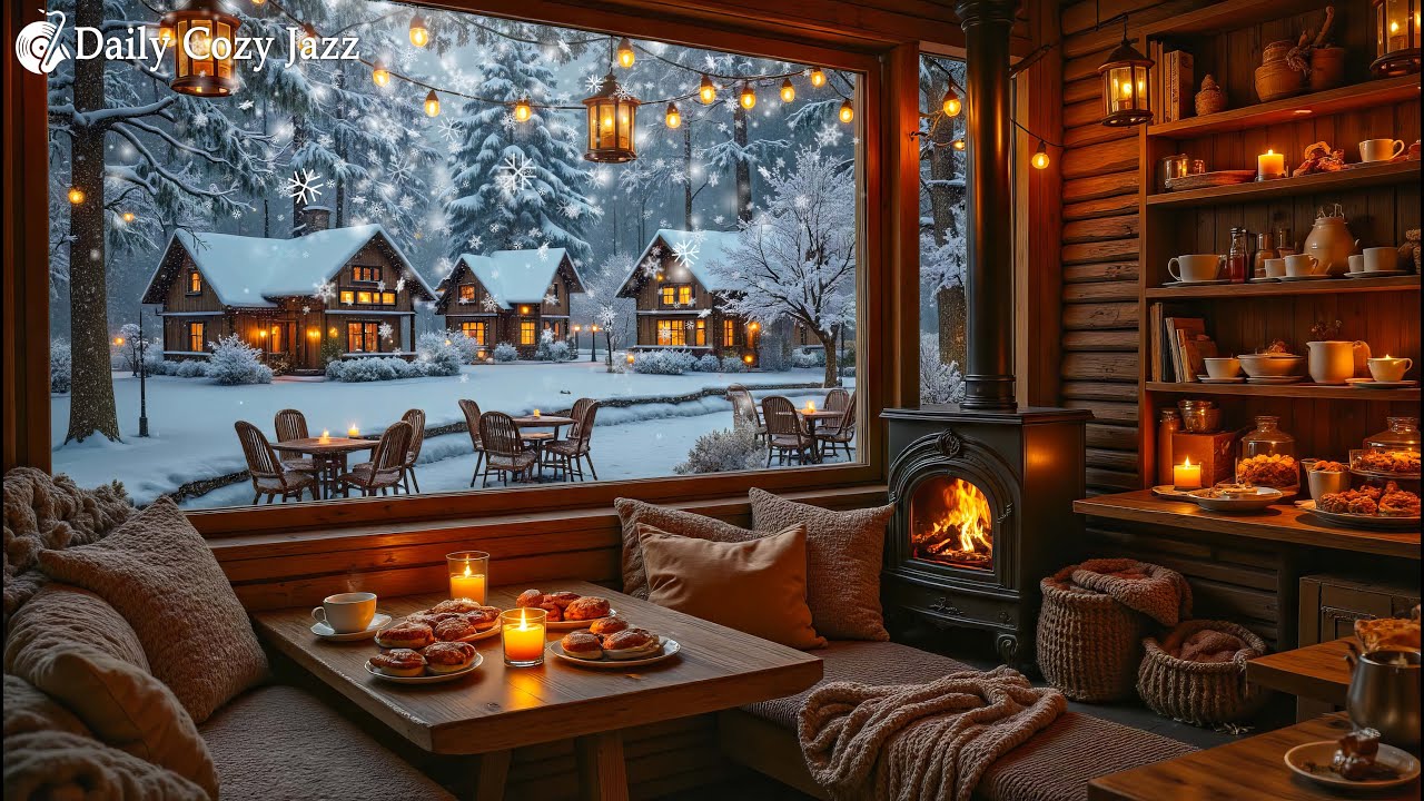 Cozy Winter Cafe Ambience ❄️Smooth Jazz Music & Crackling Fireplace For Unwind 🔥 Relaxing Winter Day