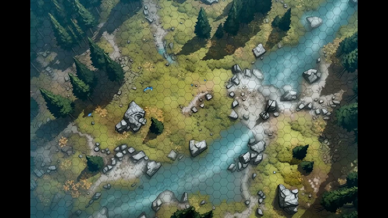 DnD compatible animated map _ Forest river landscape serenity _ hex grid ambience for VTT