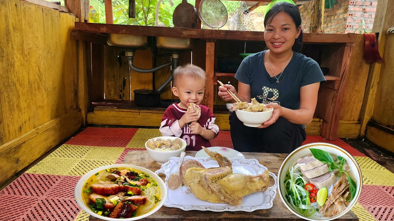 An takes care of Bao at home and cooks boiled duck and nutritious noodles for Bao to eat