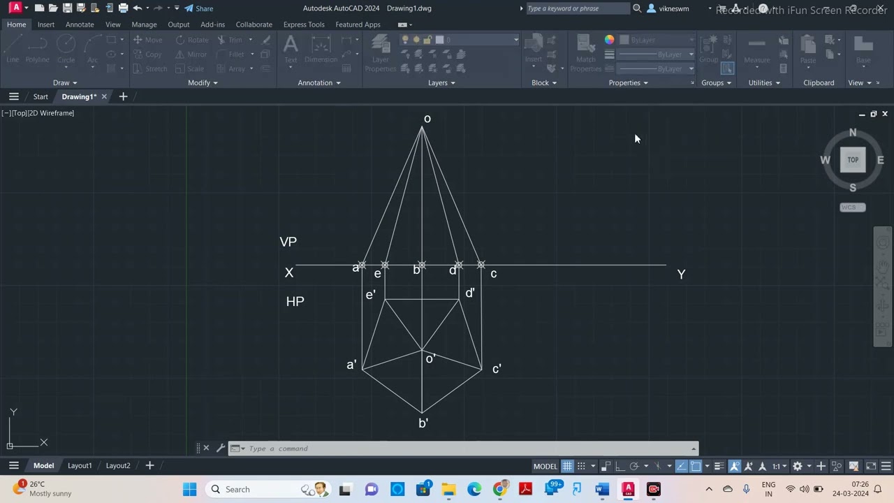 Section of Solids 3 || AutoCAD software || Pentagonal Pyramid || Cut plane inclined to HP