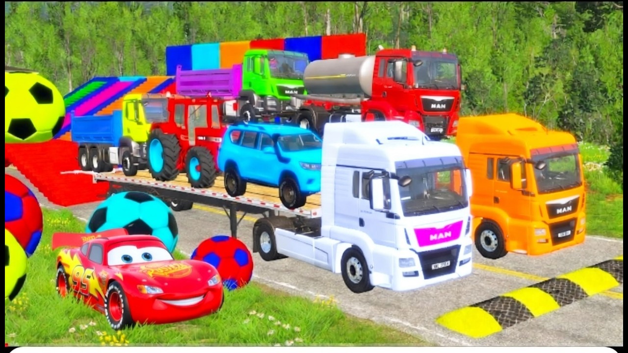 TRANSPORTING PIXAR CARS & FRUITS WITH COLORED & JOHN DEERE vs CLAAS vs TRACTORS - BeamNG.drive