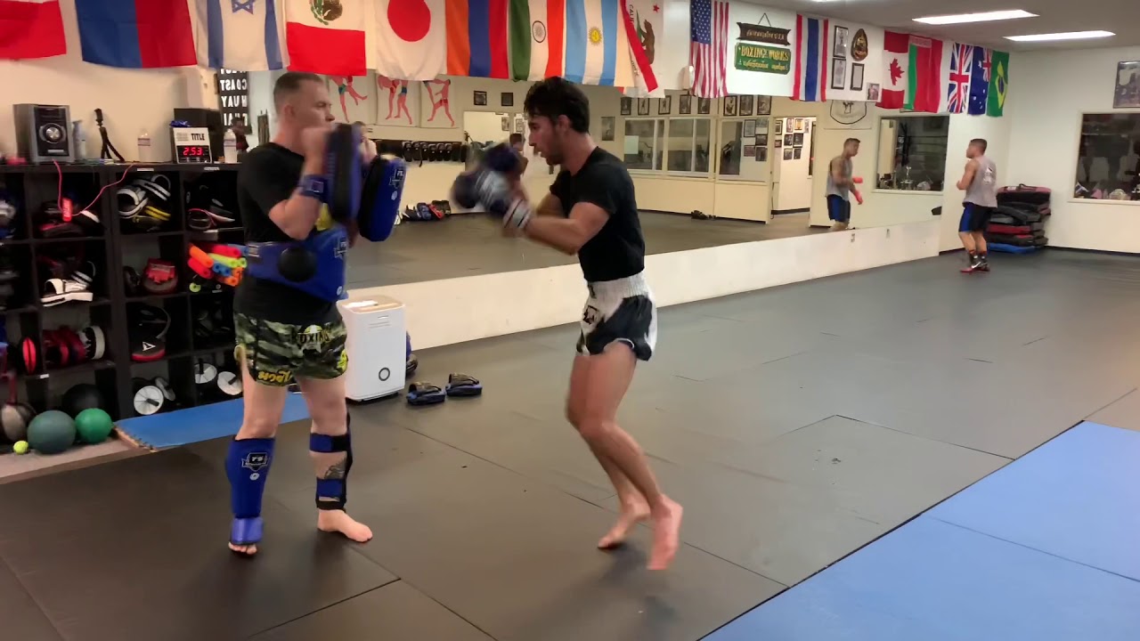Glory Kickboxer Nathan Ward pad work | Kickboxing at Boxing Works | 310-371-1500