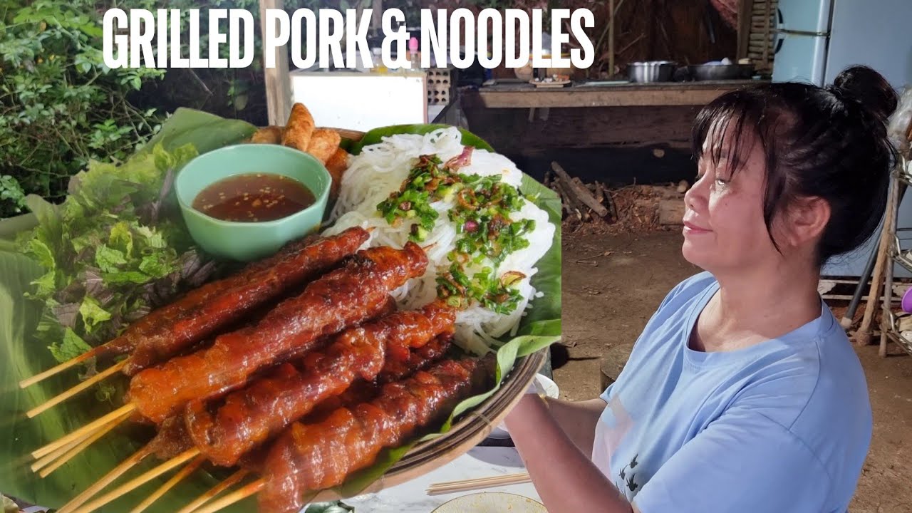 Mai huong Food | Vietnamese grilled pork rice noodle with organic radish harvested from the garden