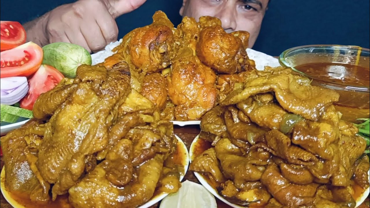 Eating Spicy Oily Chicken Skin Curry | Chicken Leg Piece | Basmati Rice | Spicy Grevy | Salad |Asmr
