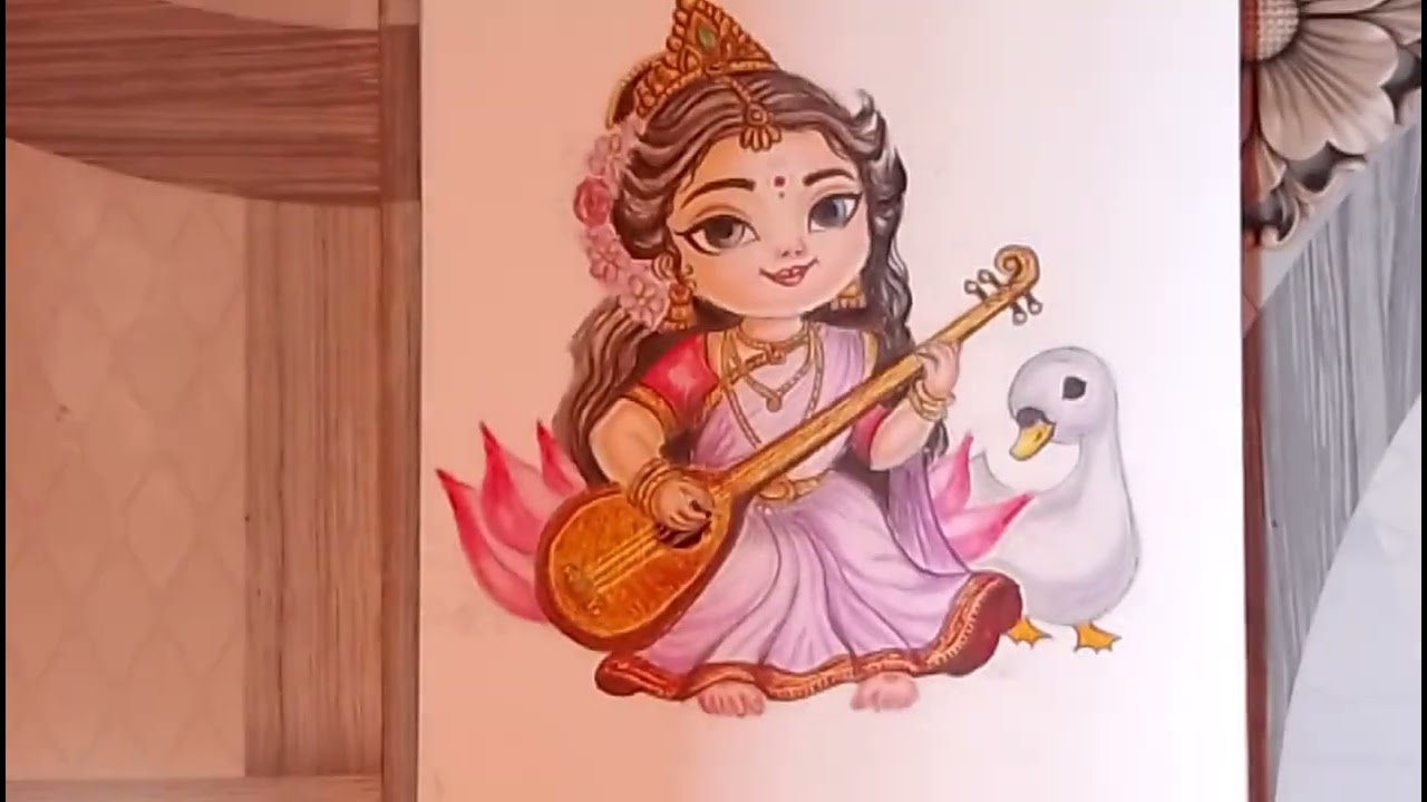 How to draw ma saraswati pujo drawing | maa saraswati pujo drawing with oil pastels 