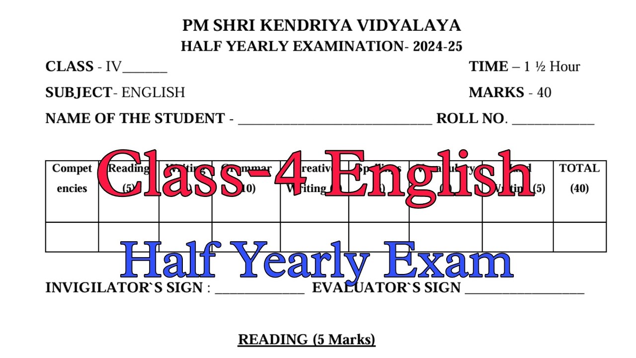 Class-4 English Half Yearly Exam Question Paper / Term-1 Session 2024-25 /PM Shri Kendriya Vidyalaya