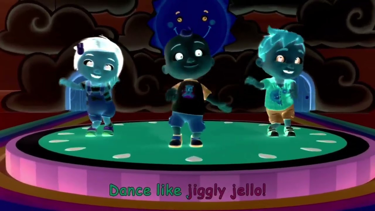 Cocomelon says dance like jiggly jello! Red, blue, and yellow. / Voice pitch effects