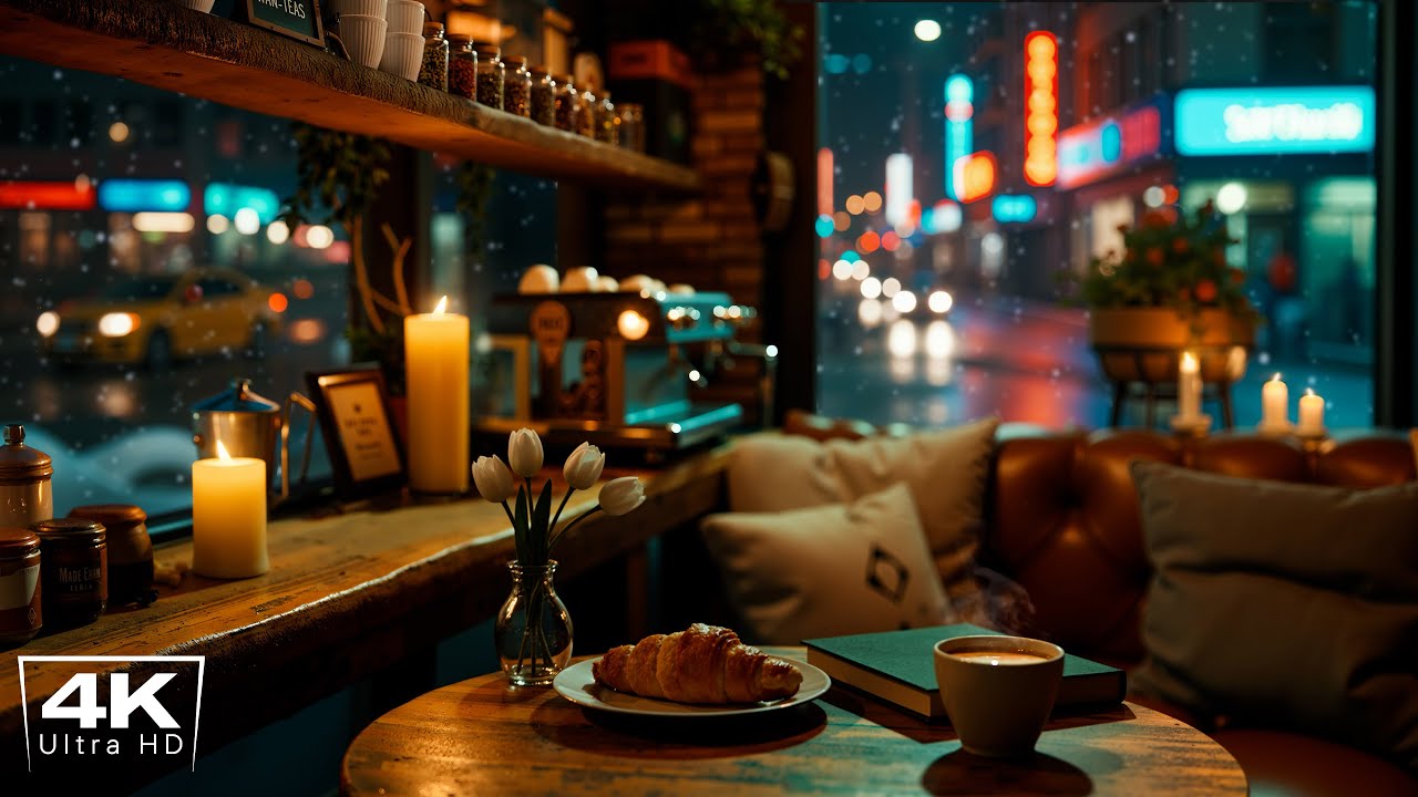 Cozy Coffee Shop 4K Ambience ❄ Calm Piano Jazz Music & Soothing Winter Night for Work, Relaxation