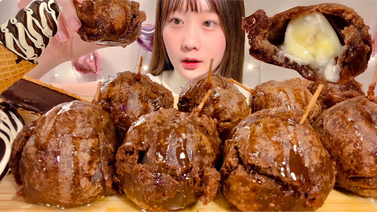 ASMR пончики с жареным маслом шоколадный вкус【русские субтитры】【Mukbang/ Eating Sounds】