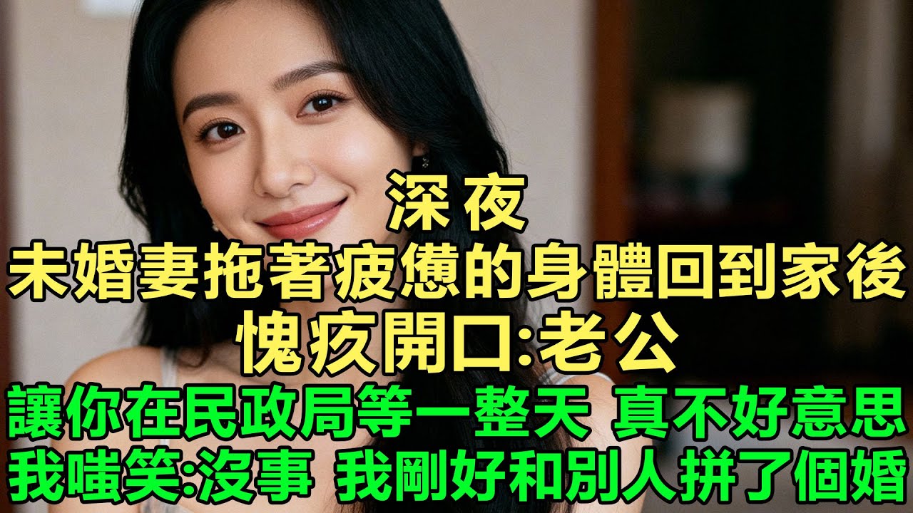 深夜，未婚妻拖著疲憊的身體回到家後，愧疚開口：老公，讓你在民政局等了一整天，真不好意思。我嗤笑：沒事，你不來，我剛好和別人拼了個婚