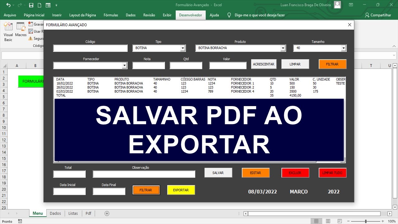 Formulário AVANÇADO no Excel - Gerar PDF com VBA - Conclusão - Aula 19