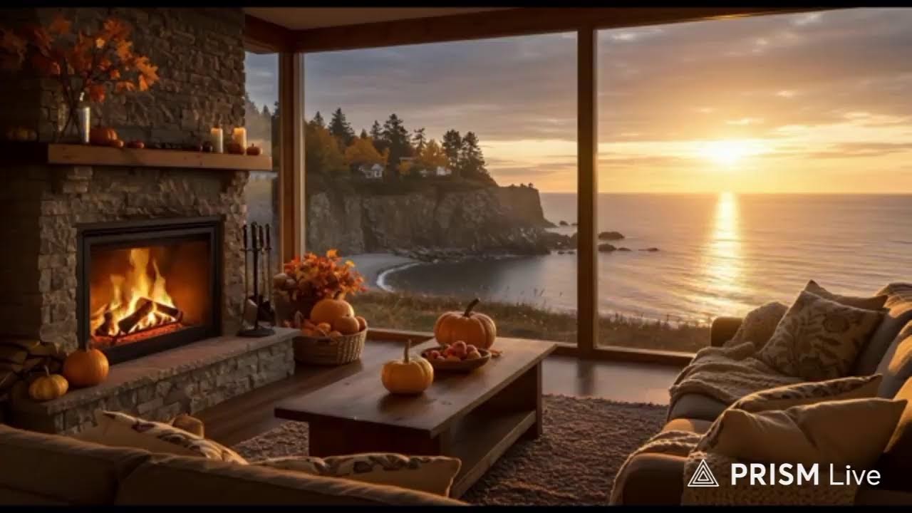 LIVE 🔥 Sunrise Fireplace & Piano Ambience – Crackling Wood Sounds & Peaceful Morning