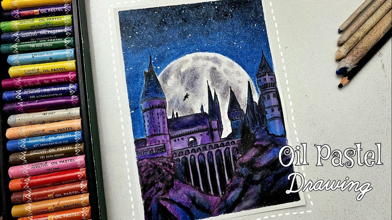 Oil Pastel Drawing - Hogwarts castle (Harry Potter) | How to draw Hogwarts castle | Step by step 