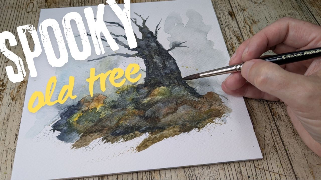 Painting a watercolor tree with leftover paint, card and a stick!