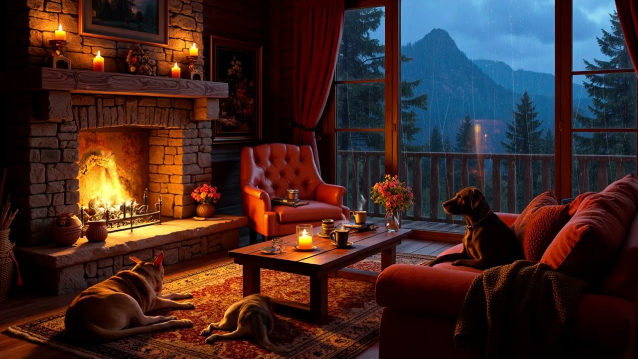 Cozy Rainy Mountain Cabin with Fireplace Glow | Relaxing Night Rain for Deep Sleep