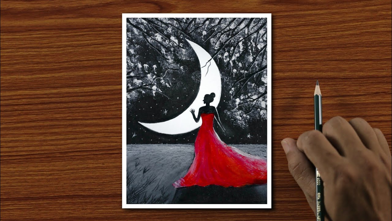 Girl in Moonlight Scenery Painting with Oil Pastel and Acrylic / Eid special Drawing Step by Step