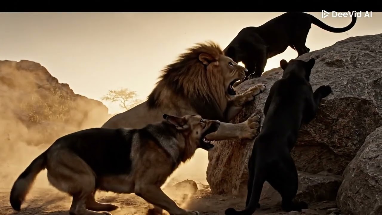 dog turns into lion and stops panther
