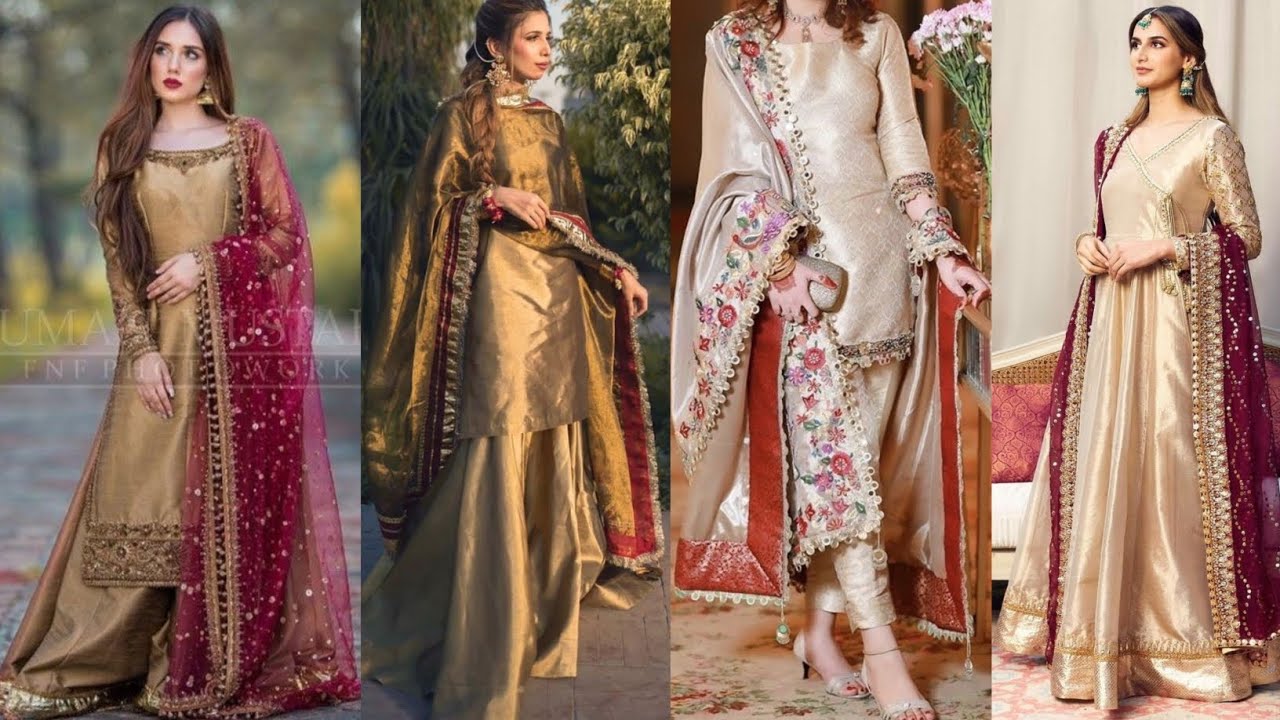 Golden katan silk dresses | Plain golden katan silk dress designs | Party dress for girls 2025