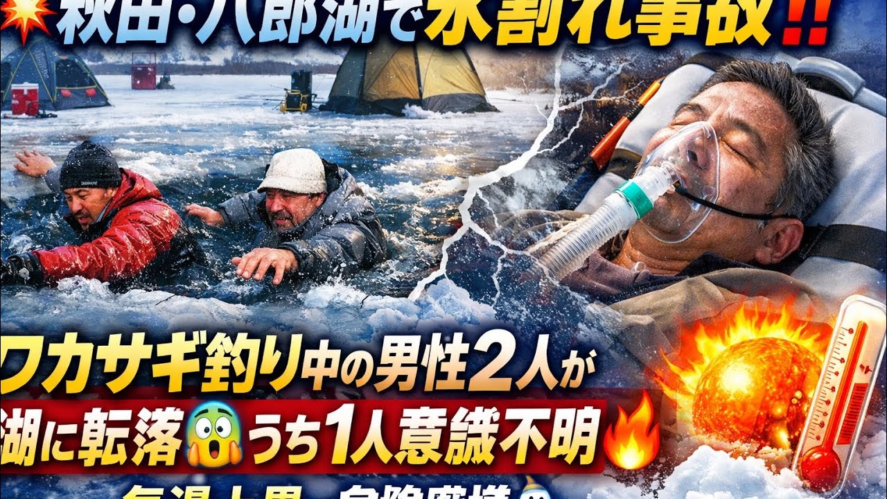 ❄️💥秋田・八郎湖で氷割れ事故‼️ ワカサギ釣り中の男性2人が湖に転落😱 うち1人意識不明🔥 気温上昇で危険度増⛄