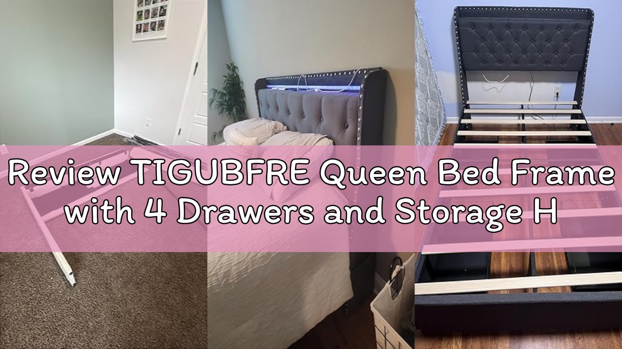 Review TIGUBFRE Queen Bed Frame with 4 Drawers and Storage Headboard, Upholstered Platform Bed Frame