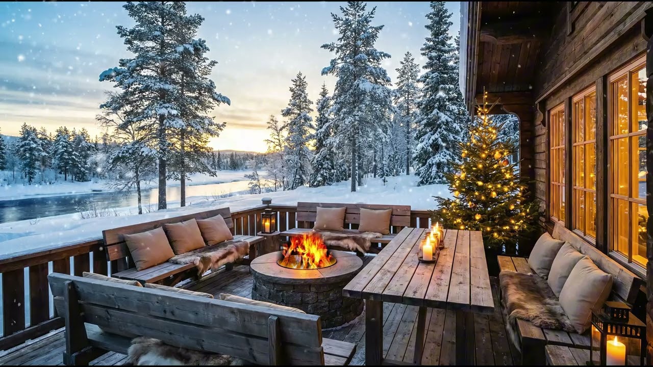 Winter Cabin Evening by the River ❄️ Fireplace, Snowfall & Calm Ambience | 4K Ultra HD